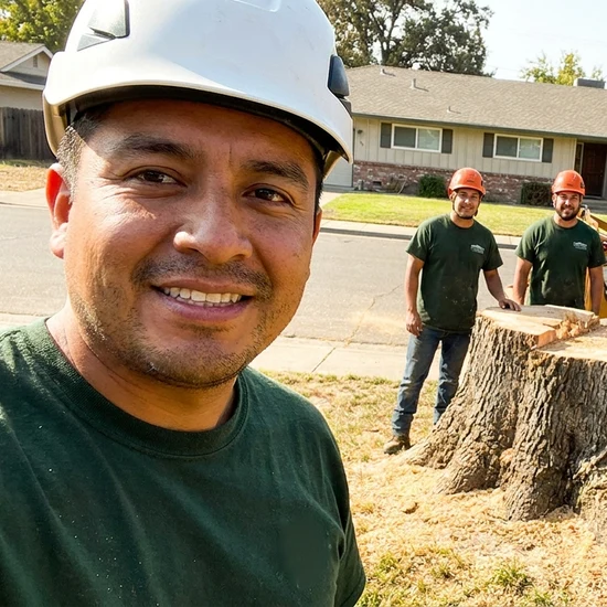 Smiling American Tree Solutions crew selfie after removing a large oak in Jacksonville